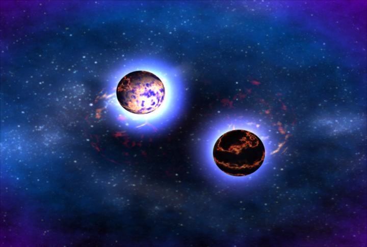 Two glowing stars with red and black surfaces sit in the middle of a starfield.